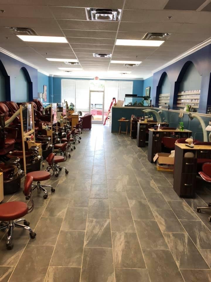 Nail care station with polish and tools.