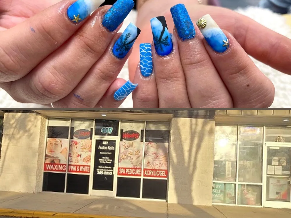 Close-up of polished nails and acrylic work.