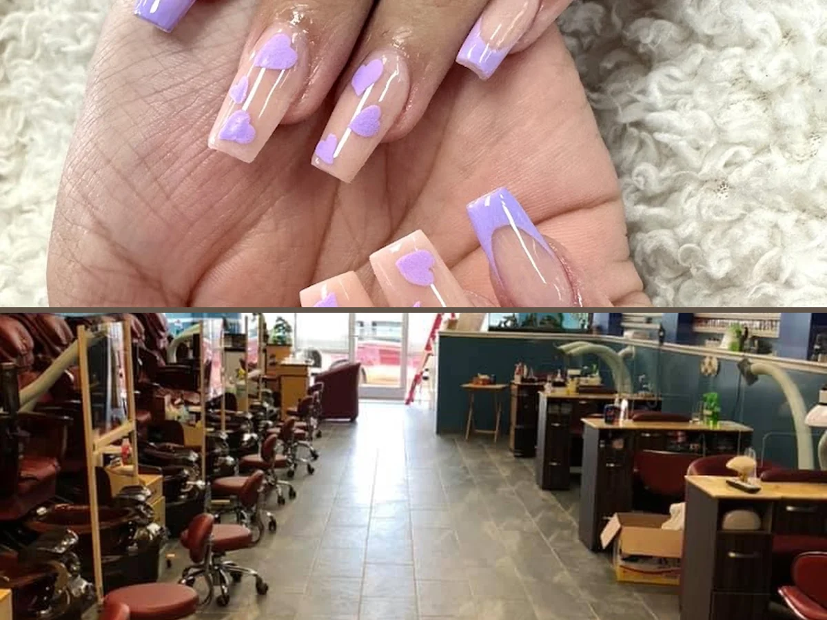 Manicured nails displayed in a salon setting.